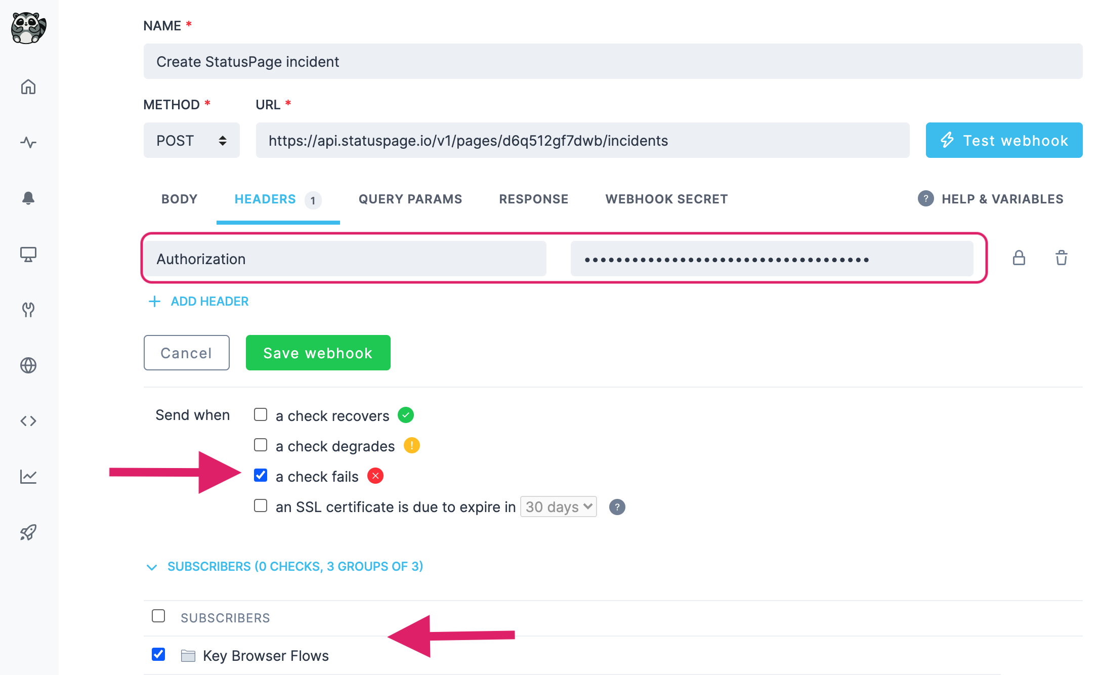 checkly webhook authorization header for statuspage